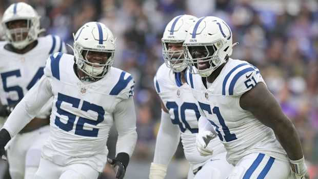 Sep 24, 2023; Baltimore, Maryland, USA; Indianapolis Colts defensive end Kwity Paye (51) reacts after sacking Baltimore Ravens quarterback Lamar Jackson (8) during the first half at M&T Bank Stadium.